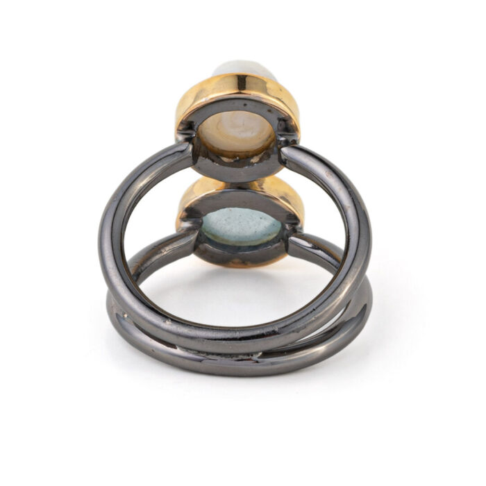 925 Sterling Silver and Gold Plated Ring with Aqua Marine and Pearl - Image 3