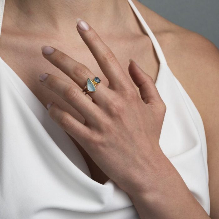 Aquamarine & London Blue Topaz Ring in 925 Silver with Gold Plating - Image 2