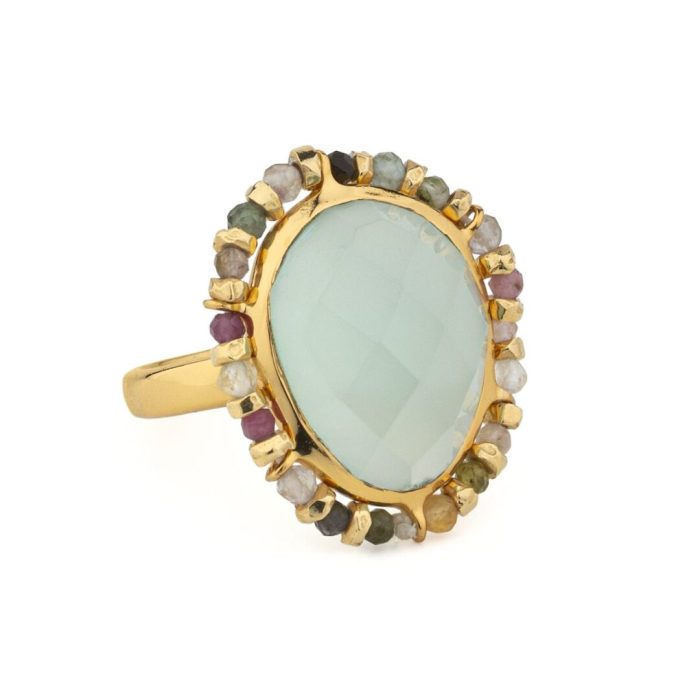 Gold-Plated 925 Sterling Silver Ring with Aqua Chalcedony and Multicolor Tourmalines - Image 1