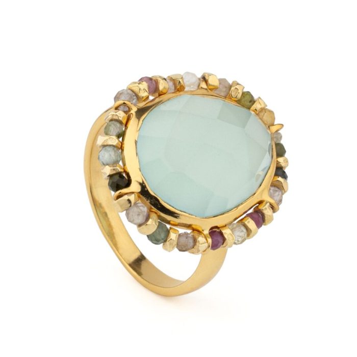 Gold-Plated 925 Sterling Silver Ring with Aqua Chalcedony and Multicolor Tourmalines - Image 3