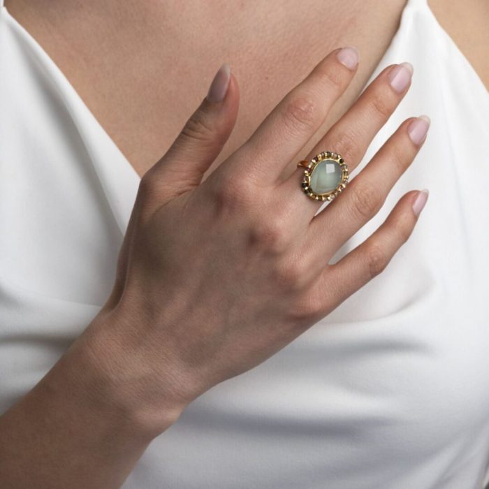 Gold-Plated 925 Sterling Silver Ring with Aqua Chalcedony and Multicolor Tourmalines - Image 2