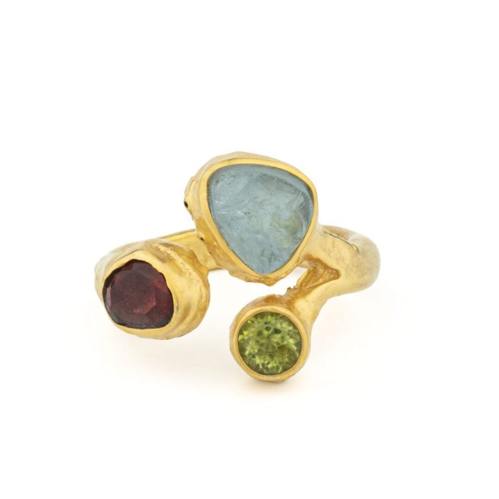 Multi-Stone Ring in 925 Silver & Gold Plating with Aquamarine, Peridot & Garnet - Image 1