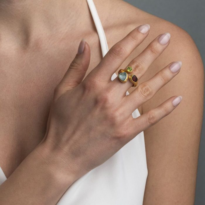 Multi-Stone Ring in 925 Silver & Gold Plating with Aquamarine, Peridot & Garnet - Image 2