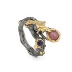 Tourmaline & Amethyst Ring in Gold-Plated and Oxidized 925 Sterling Silver - Image 3