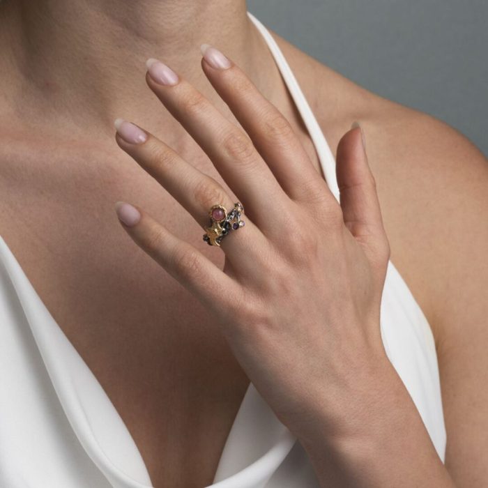 Tourmaline & Amethyst Ring in Gold-Plated and Oxidized 925 Sterling Silver - Image 2