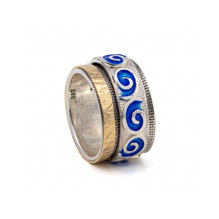 Δαχτυλίδι Spinner με Μπλε Σπείρες – Χρυσό 14Κ και Ασήμι 925 - Image 3