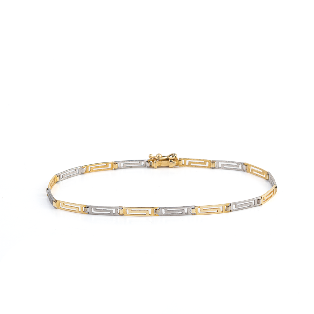 DI-B-05930146 Greek Key Link Bracelet - 14K Yellow and White Gold - Image 1