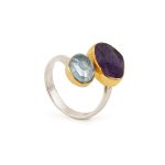 Amethyst and Blue Topaz Ring - 925 Sterling Silver and Gold Plated - Image 3