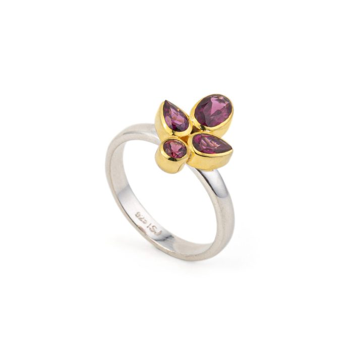 Rodolite Flower Ring - 925 Sterling Silver and Gold Plated - Image 3