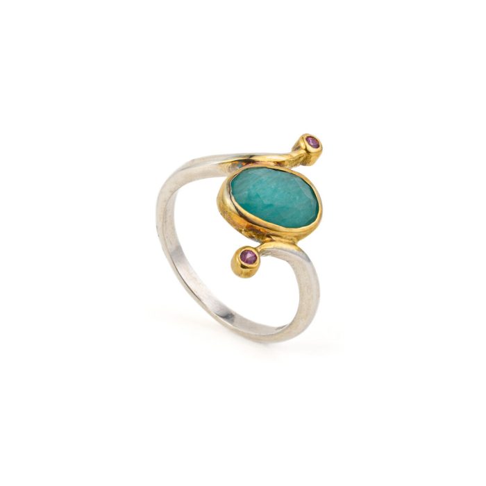 Amazonite and Tourmaline Ring - 925 Sterling Silver and Gold Plated - Image 3