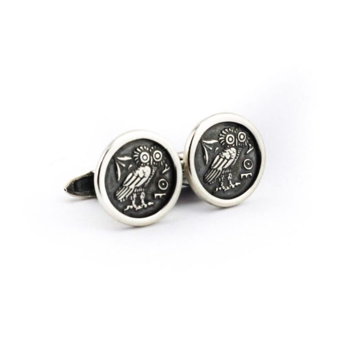 Goddess Athena Wisdom Owl Cufflinks - Sterling Silver - Image 1