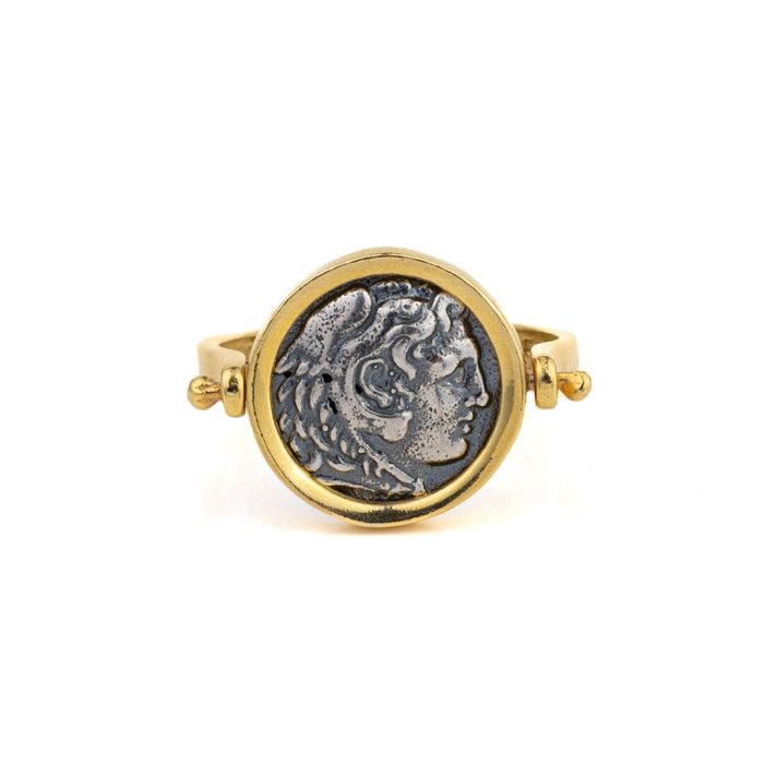 Hercules Swivel Flip Coin Ring – Sterling Silver Gold Plated - Image 1
