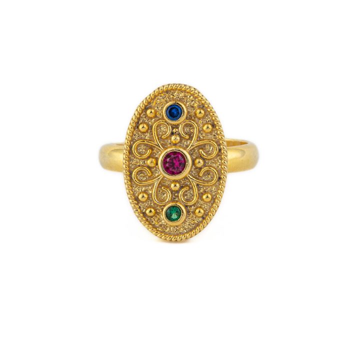 Byzantine Oval Multicolor Ring – 925 Sterling Silver and Gold Plated - Image 1