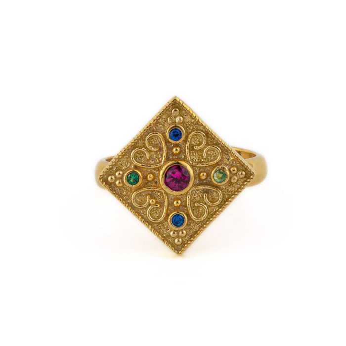 Byzantine Rhombus Ring Multicolor - 925 Sterling Silver and Gold Plated - Image 1