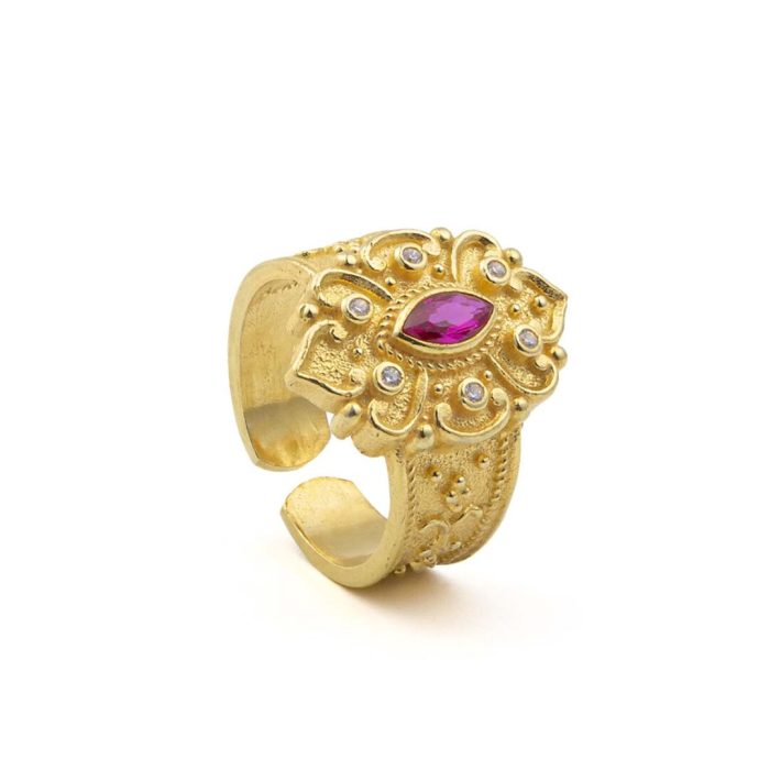 Byzantine Flower Ring with Zircon - Sterling Silver and 18K Gold Plating - Image 3