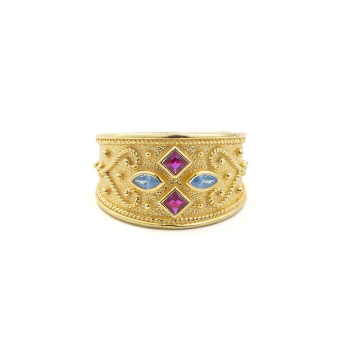 Byzantine Ring with Multicolor Zircon Stone - Sterling Silver and 18K Gold Plating - Image 1
