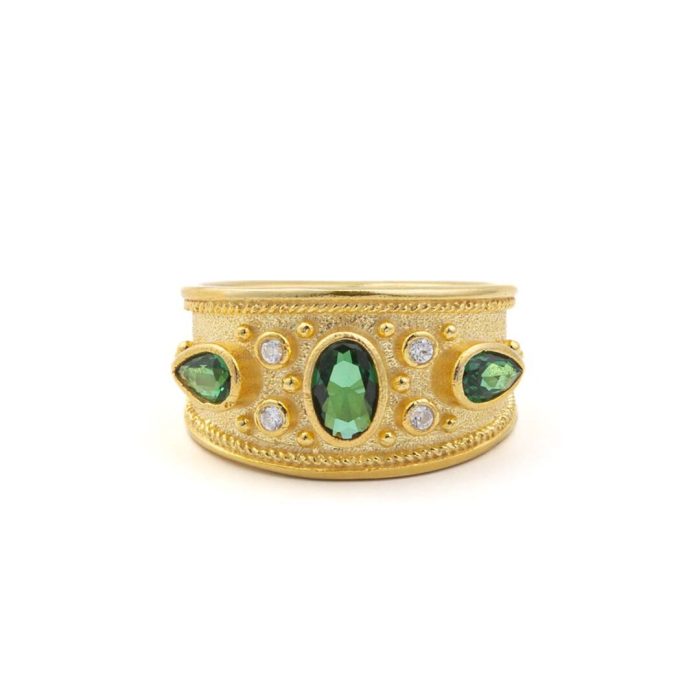 Byzantine Ring with Green Zircon - Sterling Silver and 18K Gold Plating - Image 1