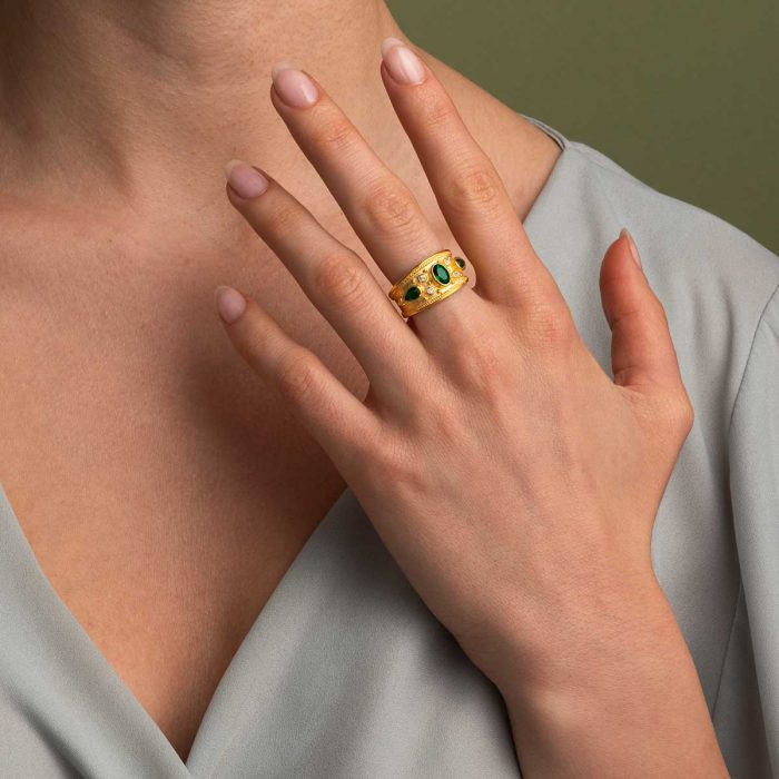 Byzantine Ring with Green Zircon - Sterling Silver and 18K Gold Plating - Image 2
