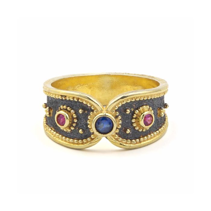 Two Tone Byzantine Ring with Zircon - Sterling Silver and 18K Gold Plating