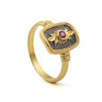 Byzantine Square Ring with Red Zircon - Sterling Silver and 18K Gold Plating - Image 3