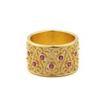 Large Byzantine Ring with Red Zircon - Sterling Silver and 18K Gold Plating