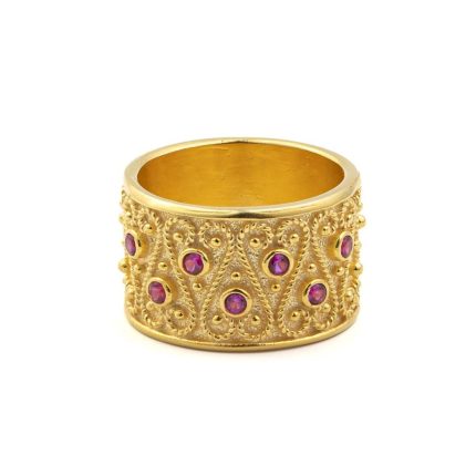Large Byzantine Ring with Red Zircon - Sterling Silver and 18K Gold Plating