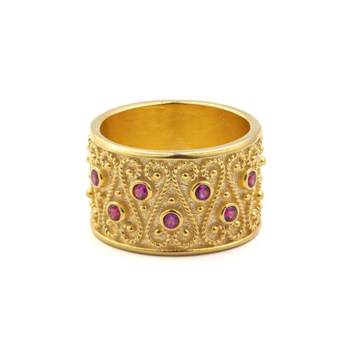 Large Byzantine Ring with Red Zircon - Sterling Silver and 18K Gold Plating