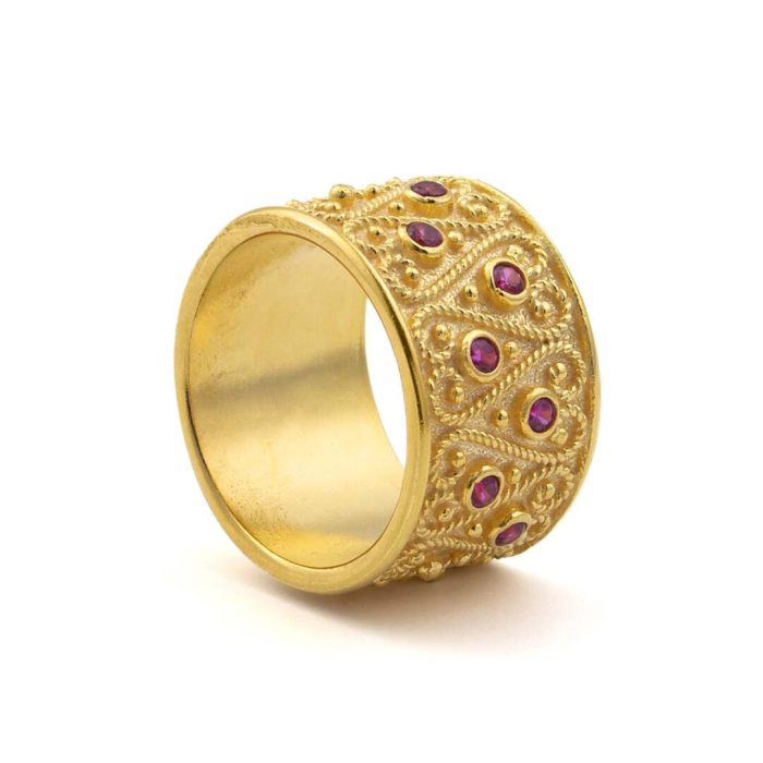 Large Byzantine Ring with Red Zircon - Sterling Silver and 18K Gold Plating - Image 3