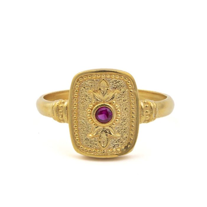 Byzantine Square Ring with Zircon - Sterling Silver and 18K Gold Plating - Image 1