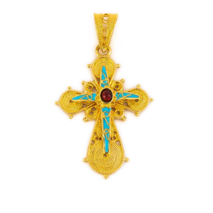 18K Gold Filigree Cross with turquoise and red enamel - Image 1