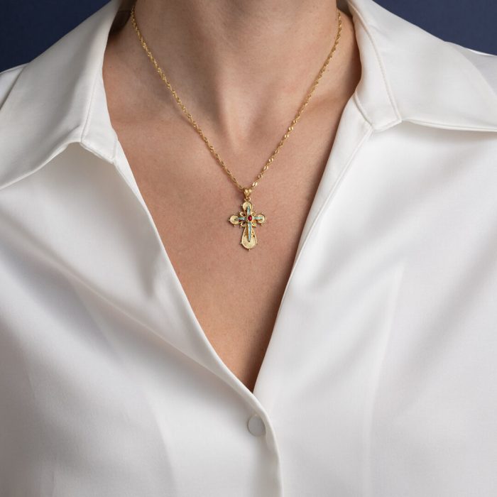 18K Gold Filigree Cross with turquoise and red enamel - Image 2