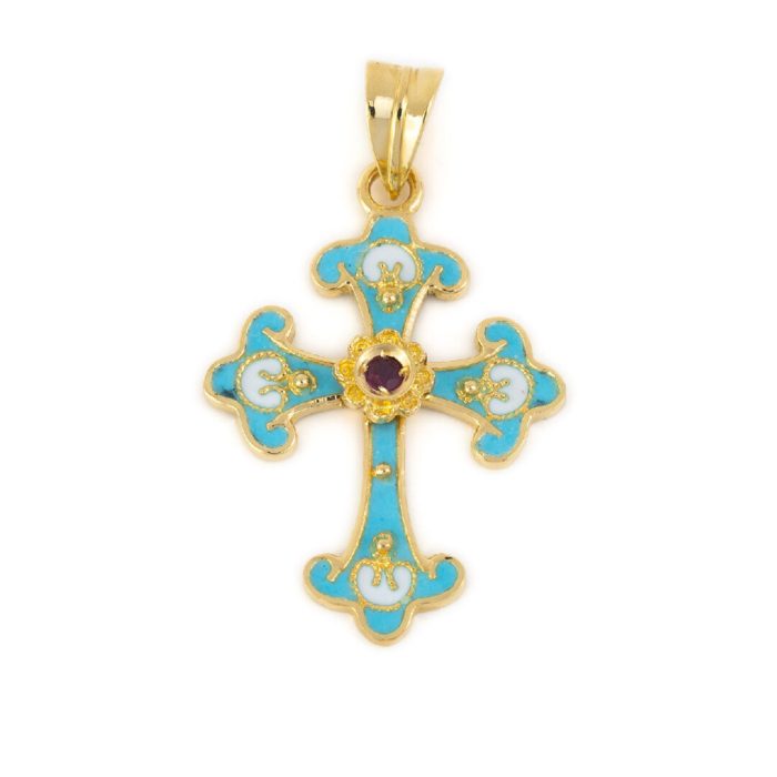 18K Gold and Enamel Byzantine Ruby Cross - Image 1