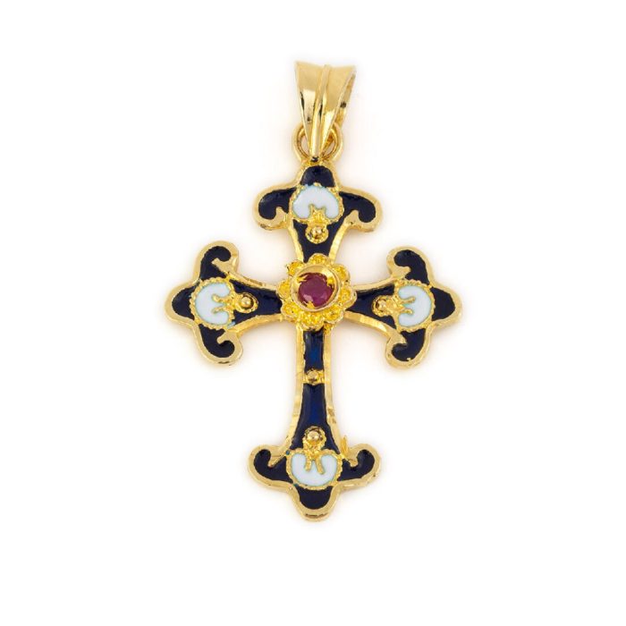 18K Gold and Enamel Byzantine Ruby Cross - Image 3