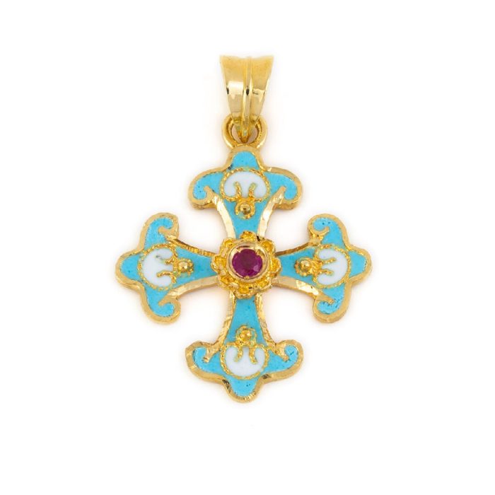 18K Gold Enamel Byzantine Ruby Cross - Image 3