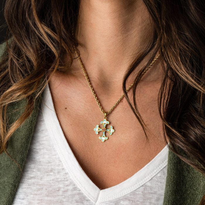 18K Gold Enamel Byzantine Ruby Cross - Image 2