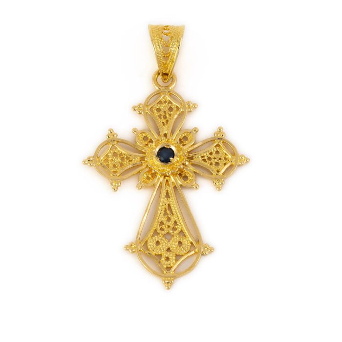 Filigree Cross with Stone in 18K Gold - Image 1