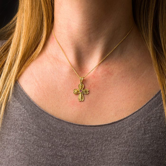 18K Gold Byzantine Filigree Ruby Cross - Image 6