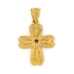 18K Gold Byzantine Filigree Ruby Cross - Image 3