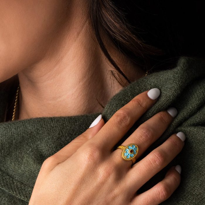 18K Gold Turquoise Enamel Ring - Image 4
