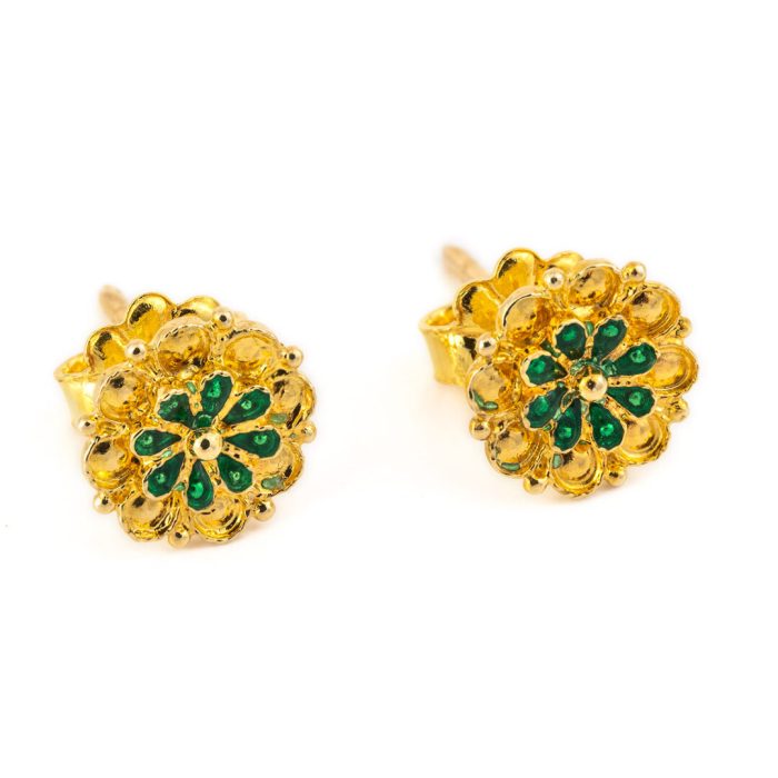 18K Gold and Green Enamel Rosette Stud Earrings - Image 1