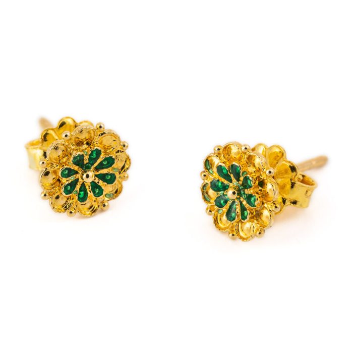 18K Gold and Green Enamel Rosette Stud Earrings - Image 4