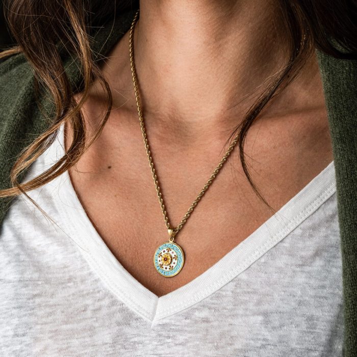 18k Gold Blue Ancient Greek Floral Pendant - Image 6