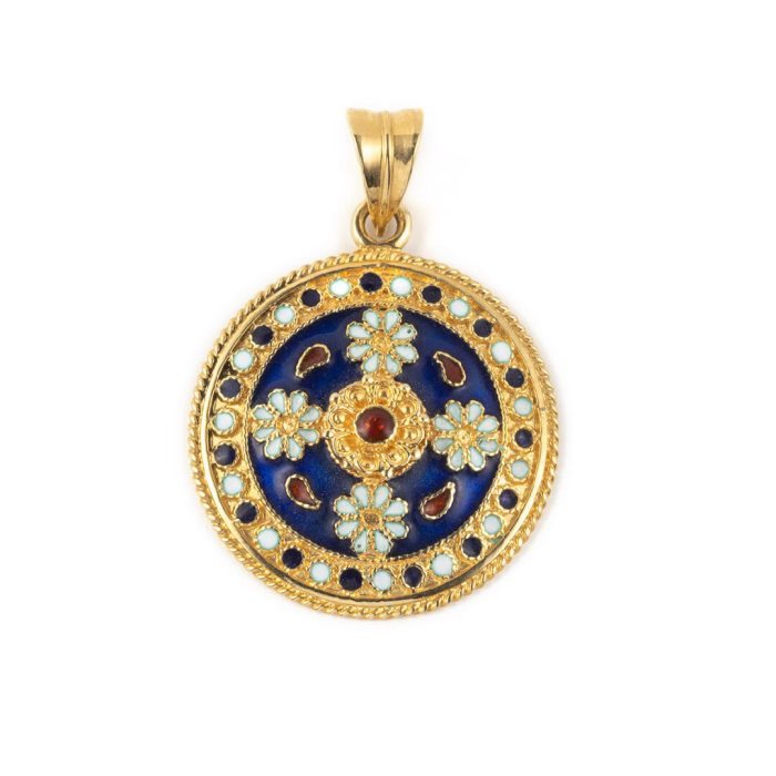 18k Gold Blue Ancient Greek Floral Pendant - Image 1
