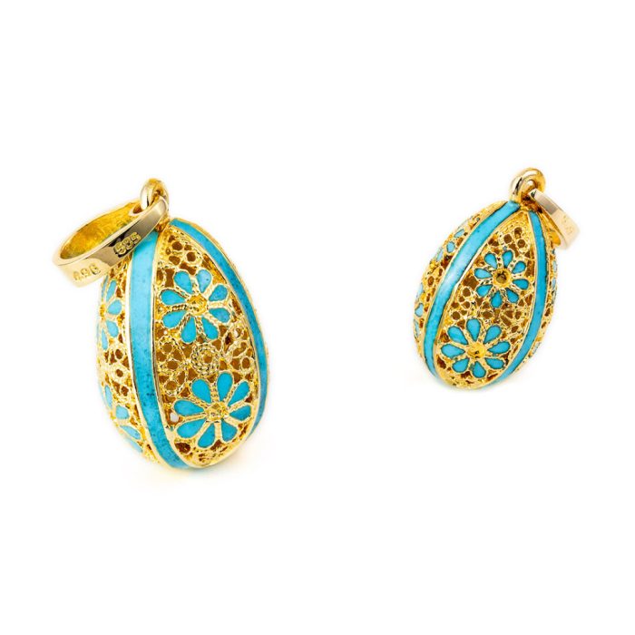 Filigree Egg Pendant with Flowers - 14k Gold and Turquoise Enamel - Image 1