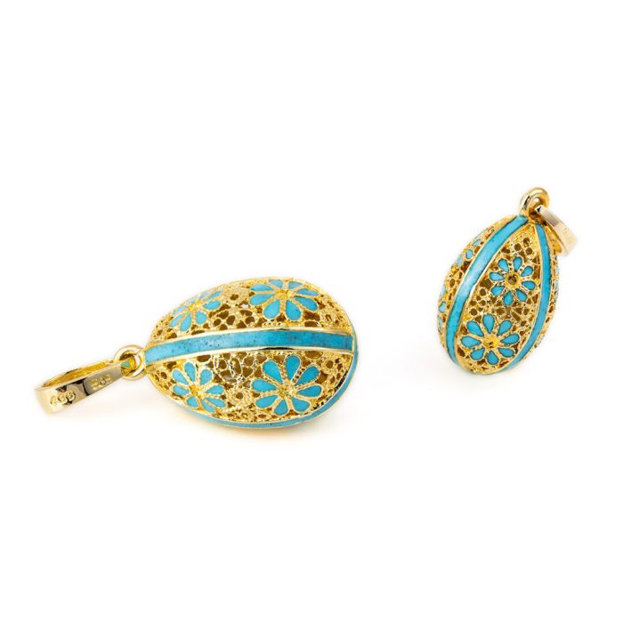 Filigree Egg Pendant with Flowers - 14k Gold and Turquoise Enamel - Image 4