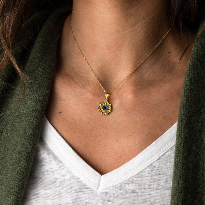Mycenaean Rosette Flower Pendant with Evil Eye symbol in 14K Gold - Image 2