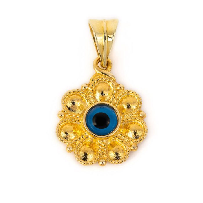 Mycenaean Rosette Flower Pendant with Evil Eye symbol in 14K Gold - Image 1