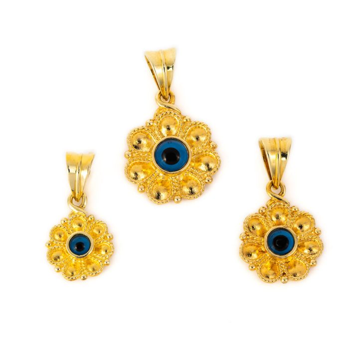 Mycenaean Rosette Flower Pendant with Evil Eye symbol in 14K Gold - Image 7
