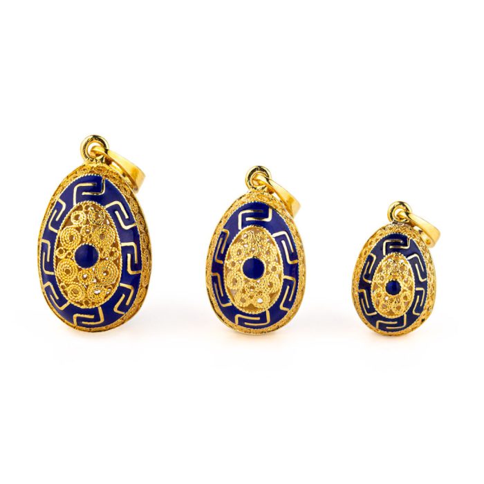 Meander Filigree Egg Pendant Necklace with Blue Enamel - Sterling Silver Gold Plated - Image 1