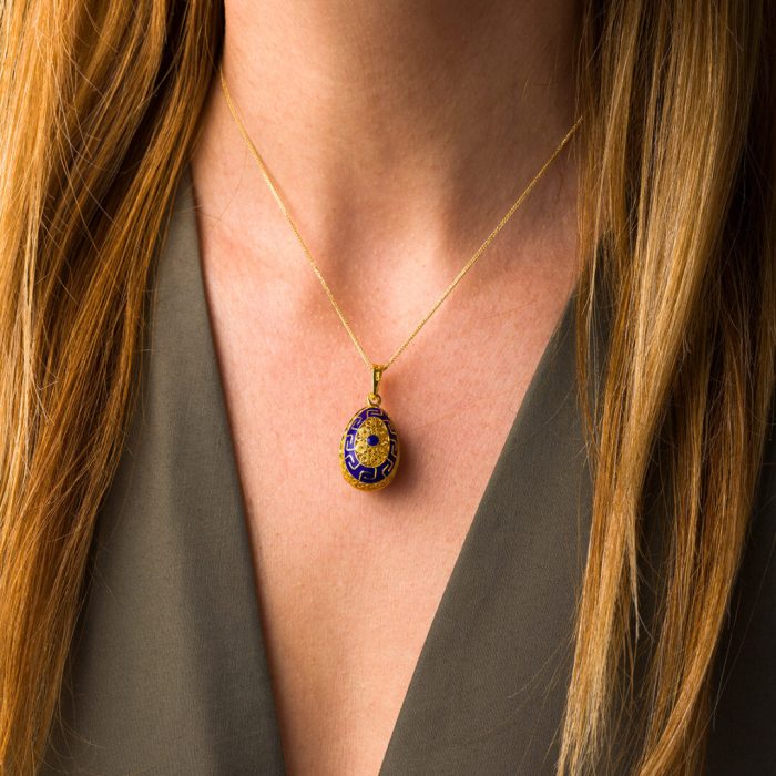 Meander Filigree Egg Pendant Necklace with Blue Enamel - Sterling Silver Gold Plated - Image 2